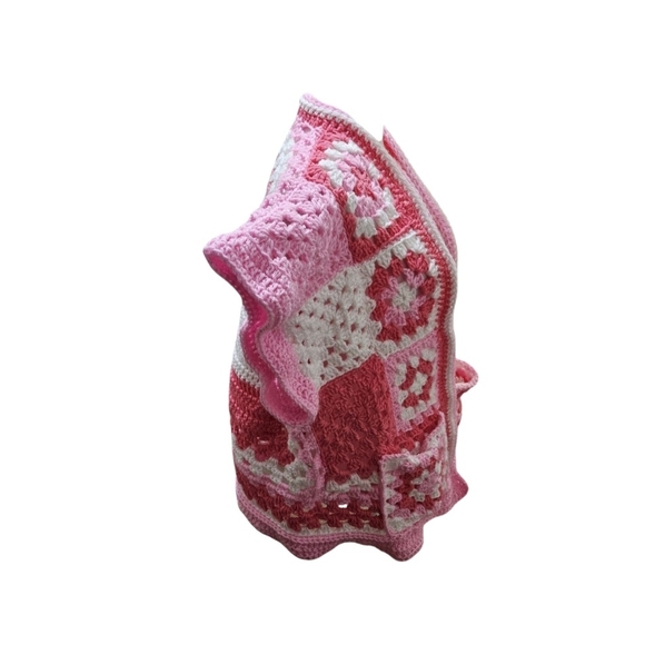 Handmade Crochet Open Cardigan Granny Square Pink Grannycore Valentine's Boho - Picture 11 of 17